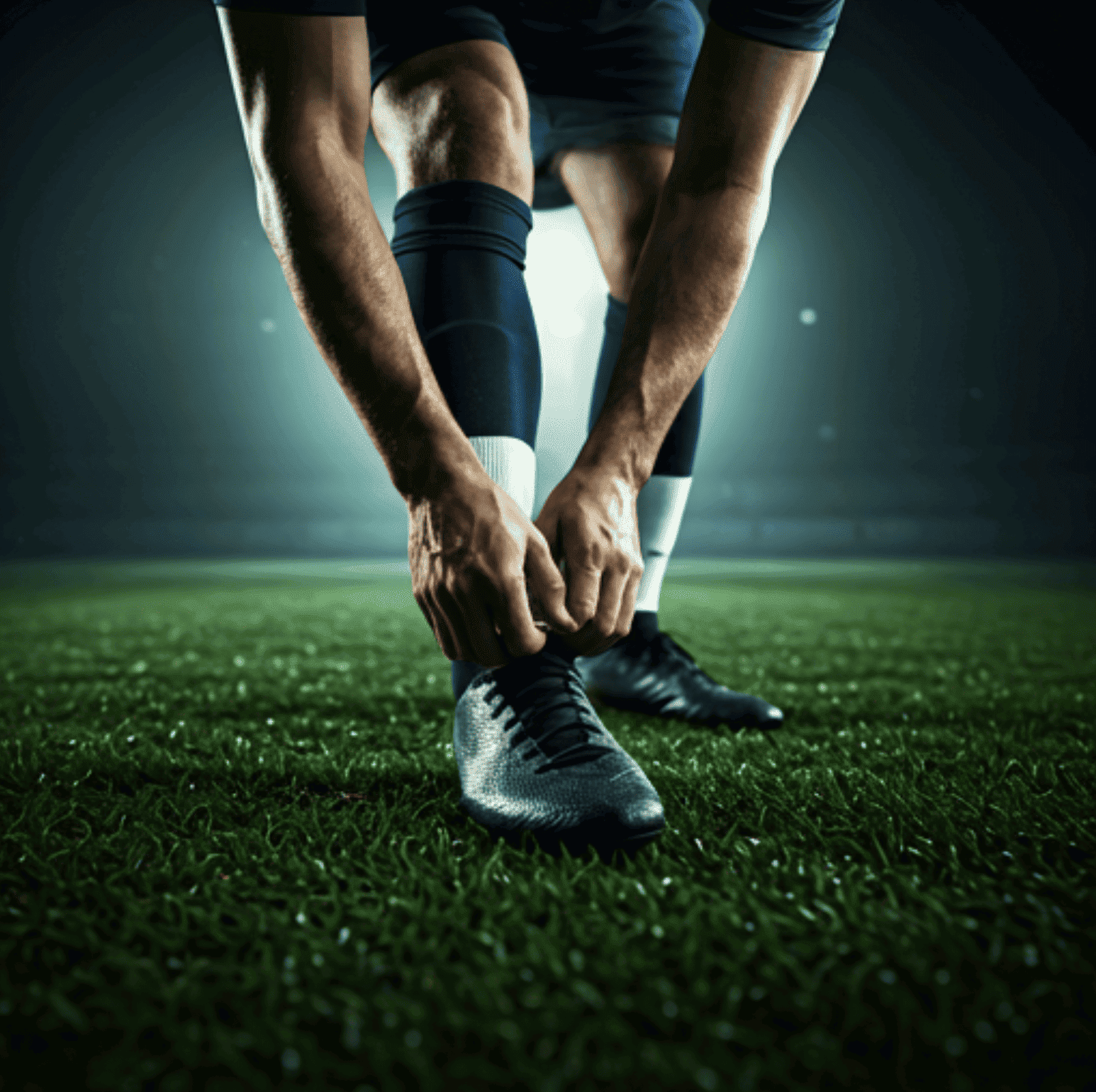 Amateurfußballer schnürt Fußballschuhe auf dem Rasen