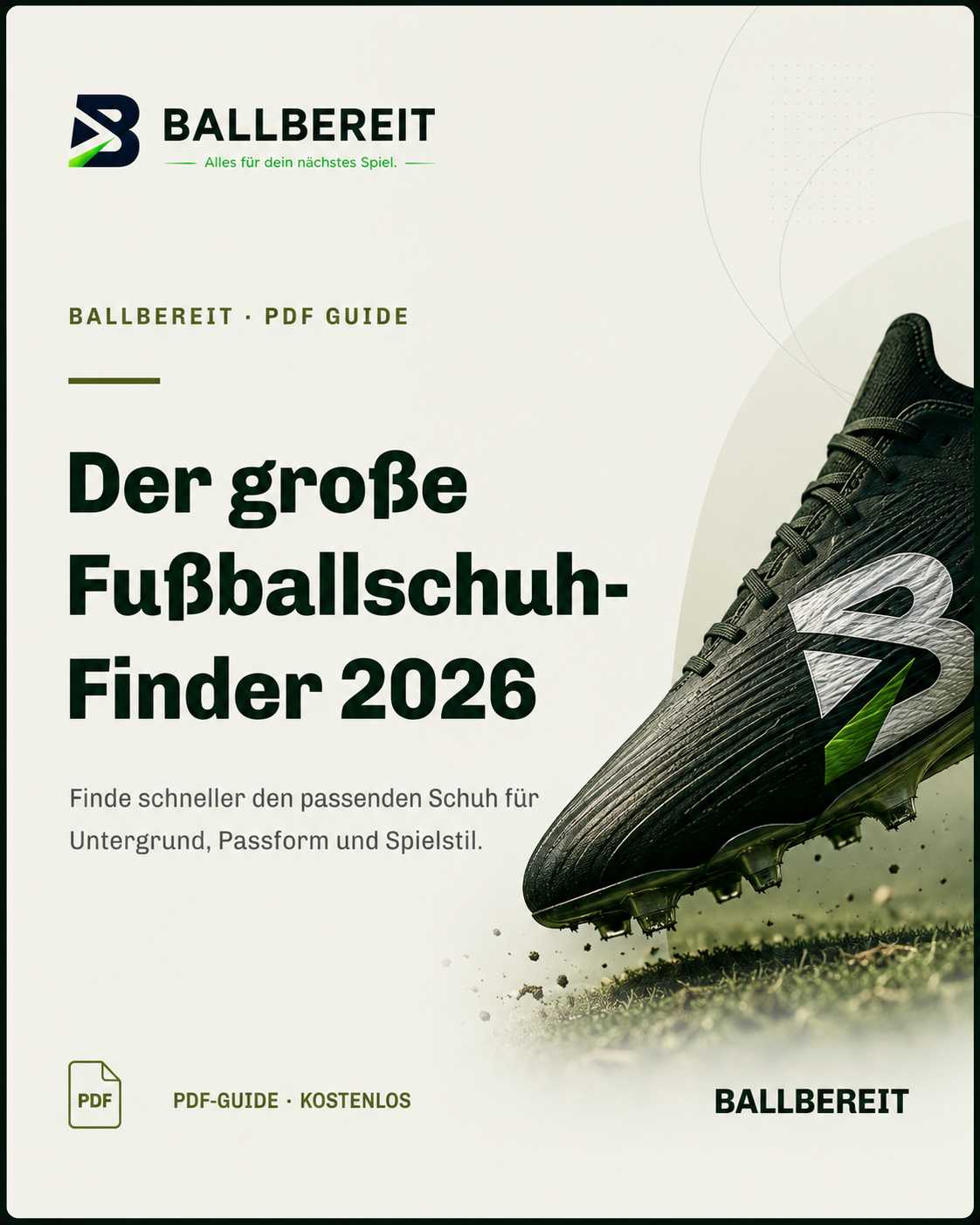 Cover des kostenlosen PDF-Guides „Der große Fußballschuh-Finder 2026“ mit schwarzem Fußballschuh