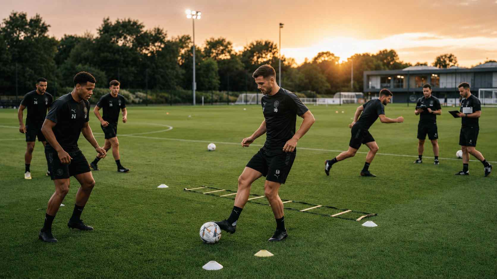 Amateurfußballer beim Mannschaftstraining auf dem Fußballplatz