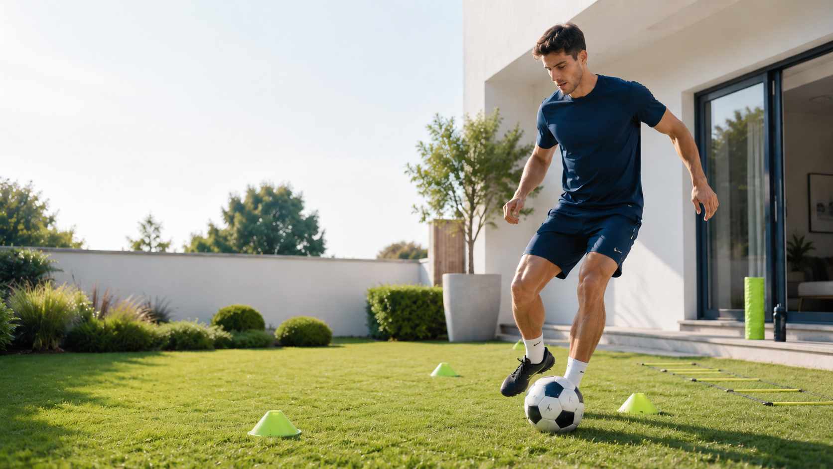 Amateurfußballer beim Fußballtraining zu Hause mit Ball und Markierungshütchen